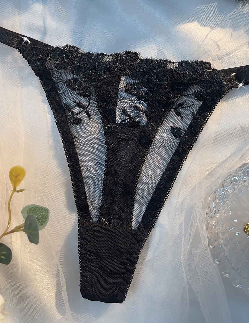 Ladies Sexy Solid Color Embroidery Sheer 2PCS Lingerie Set