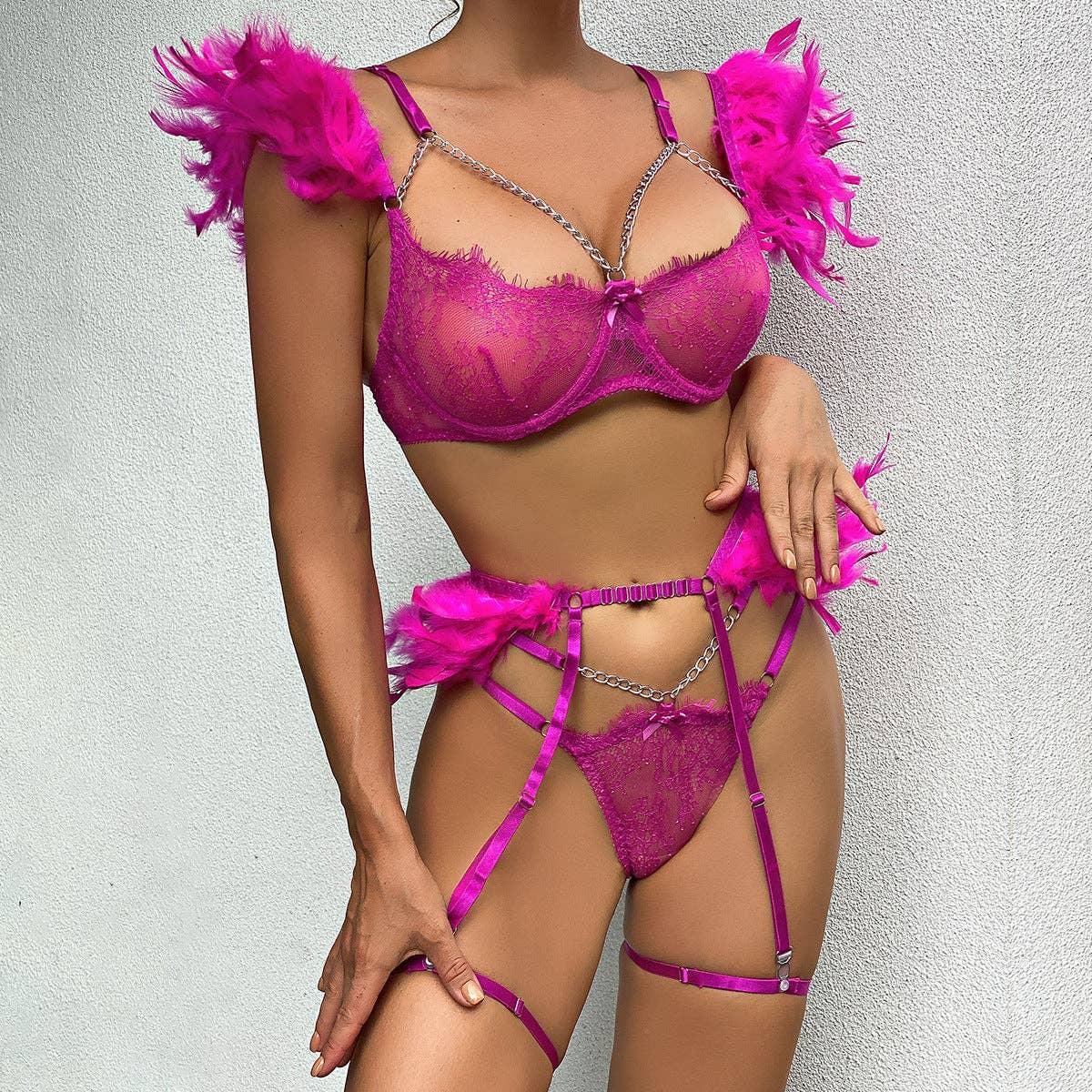 Feather Lace Lingerie Set with Garter Belt