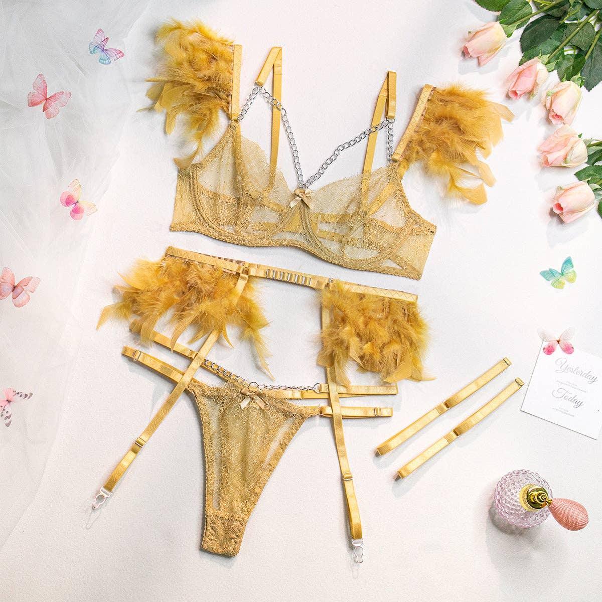 Feather Lace Lingerie Set with Garter Belt