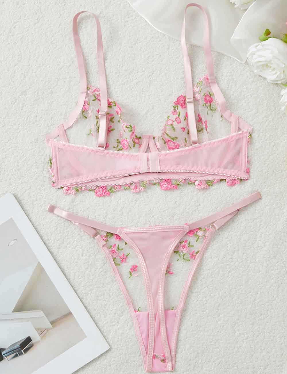 Ladies Sexy Sheer Floral Embroidery Thong 2PCS Lingerie Set