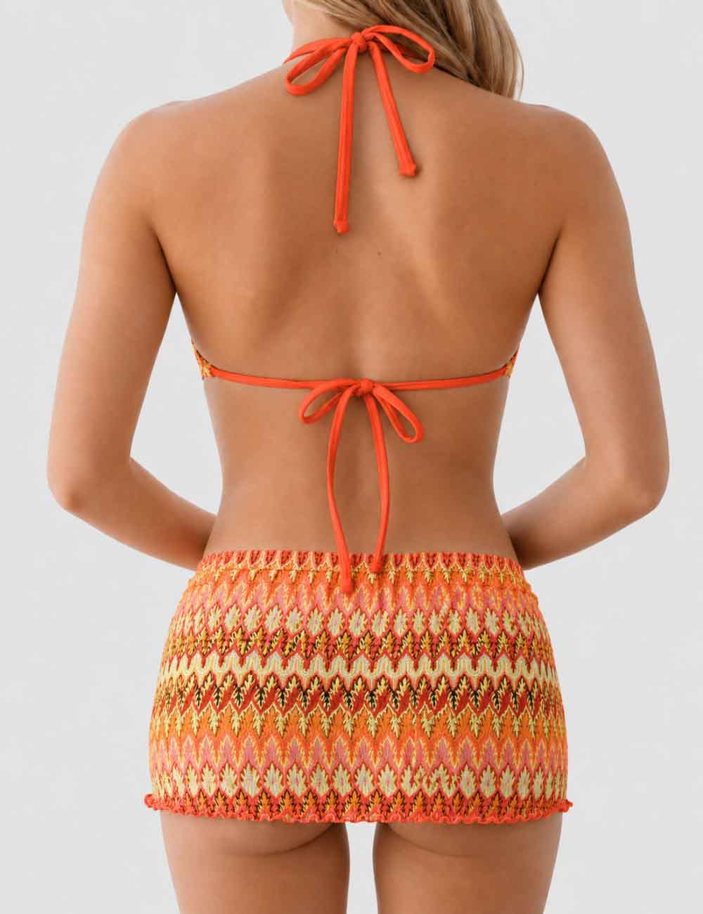 Ladies Wave Striped Knit Triangle Bikini Set with Cover Up Skirt