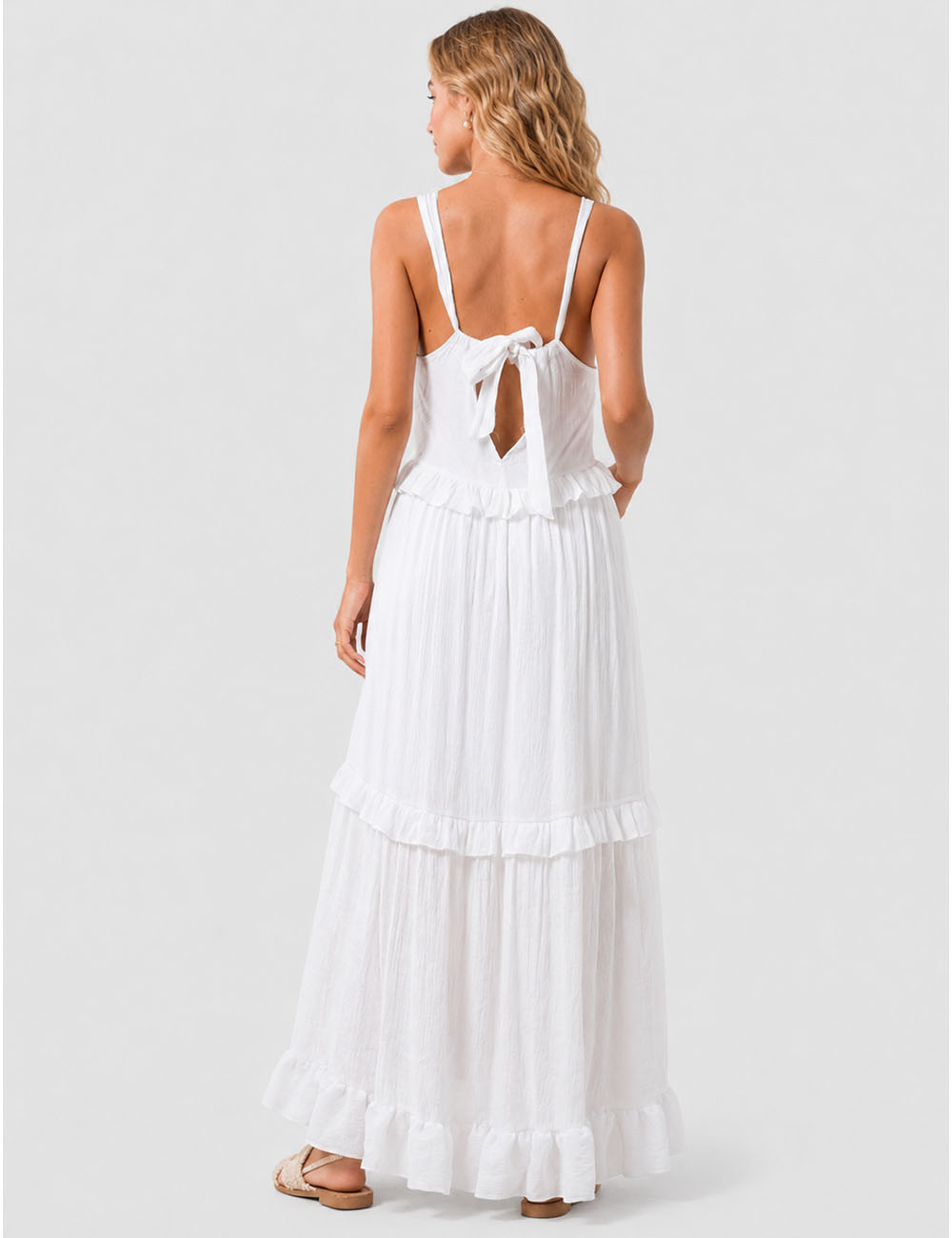 Ladies Boho Ruffle Tiered Hem Sleeveless Solid Color Maxi Dress