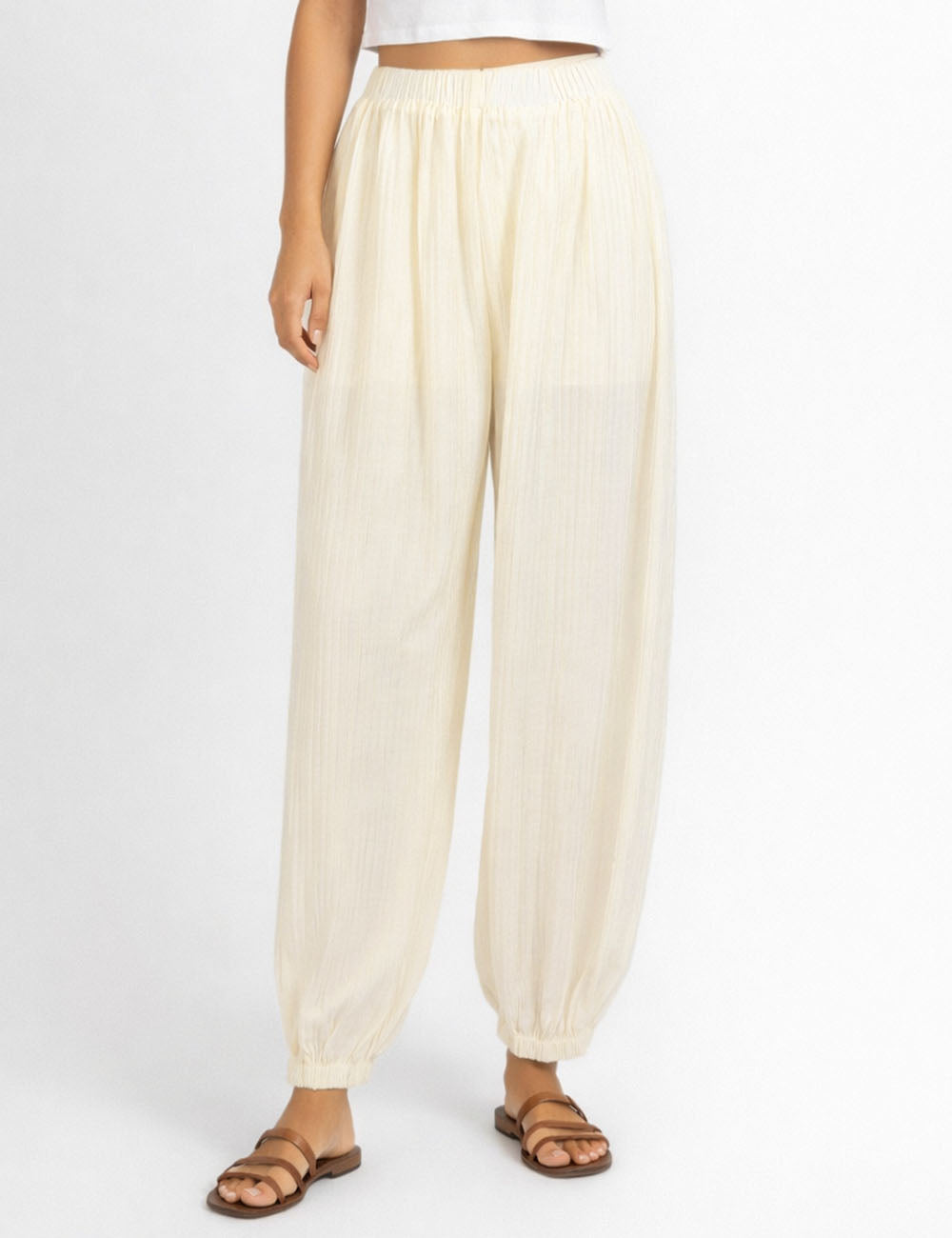 Ladies Chic Crinkle Solid Color  Elastic Cuff Balloon Pants