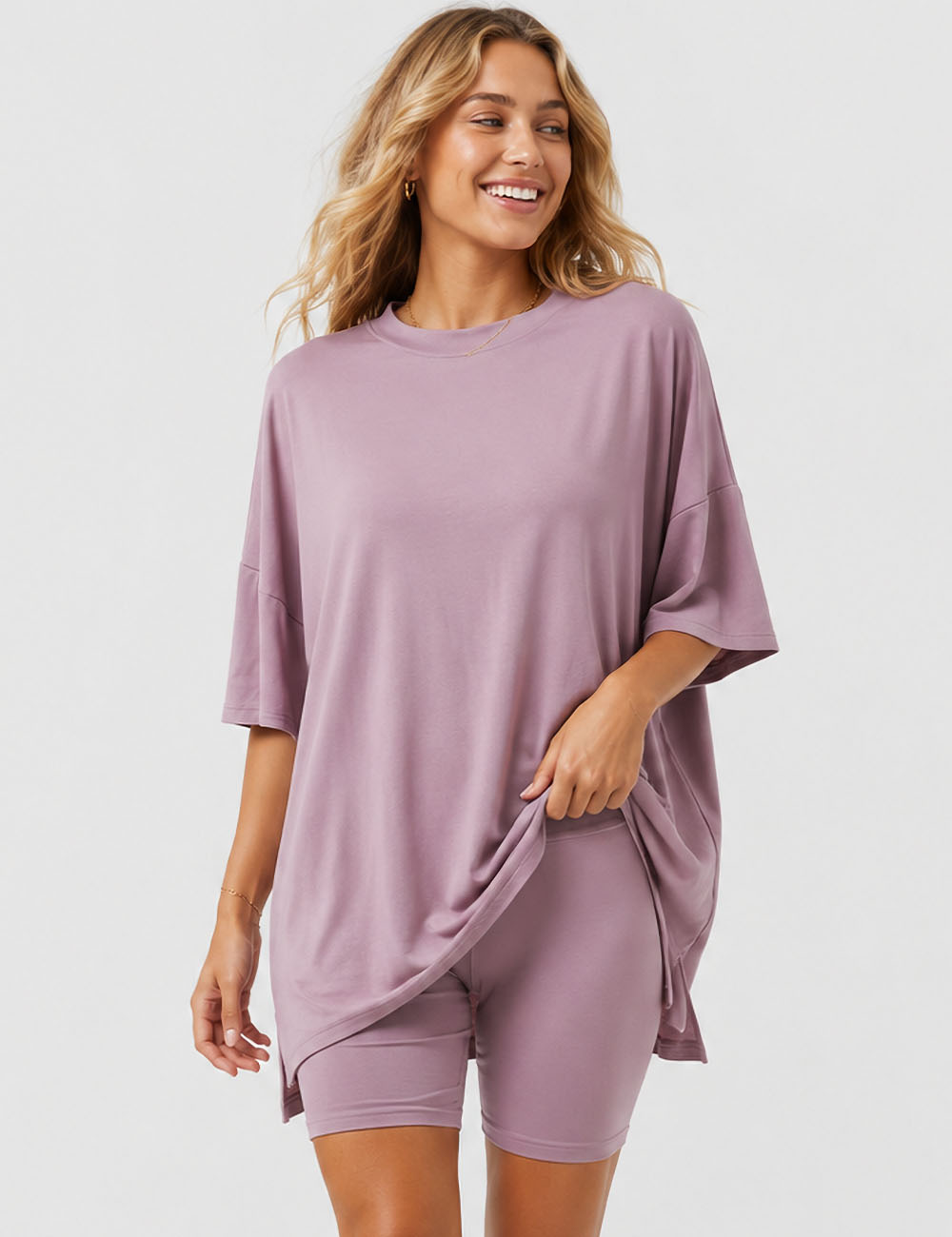 Ladies Solid Loungewear Outfits Loose Top & Slim Shorts Set