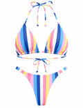 Ladies Neon Rainbow Striped Halter Triangle Bikini Set