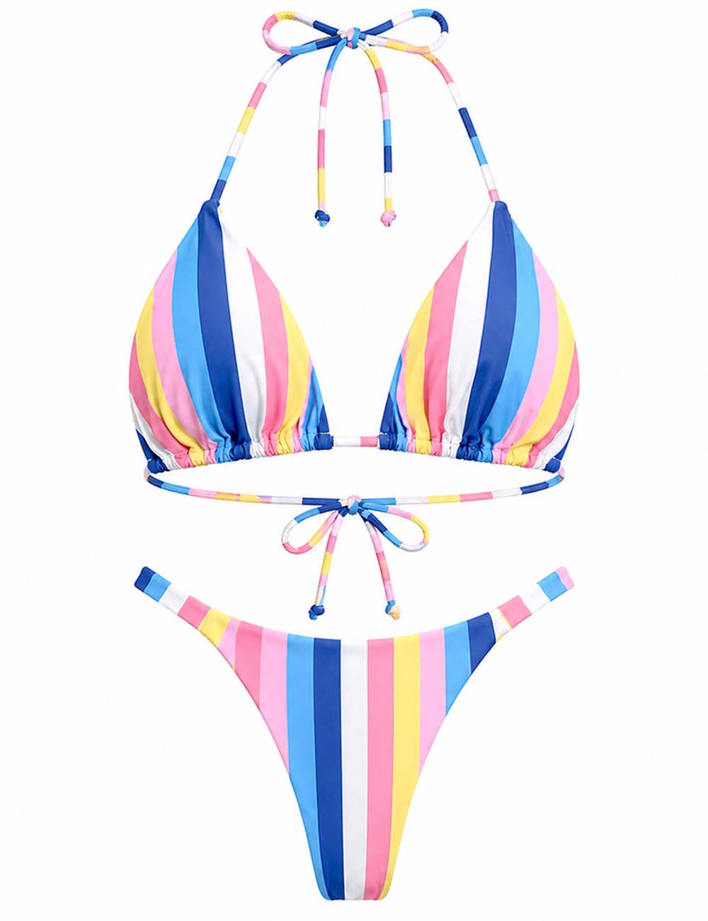 Ladies Neon Rainbow Striped Halter Triangle Bikini Set