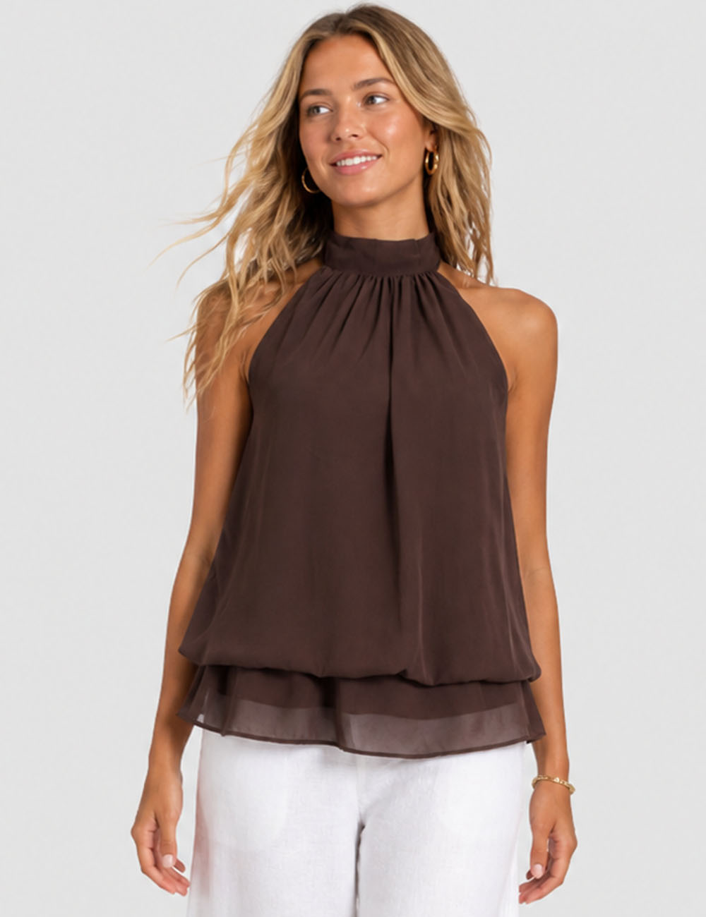 Ladies Chiffon Stand Neck Solid Color Ruffle Hem Sleeveless Top
