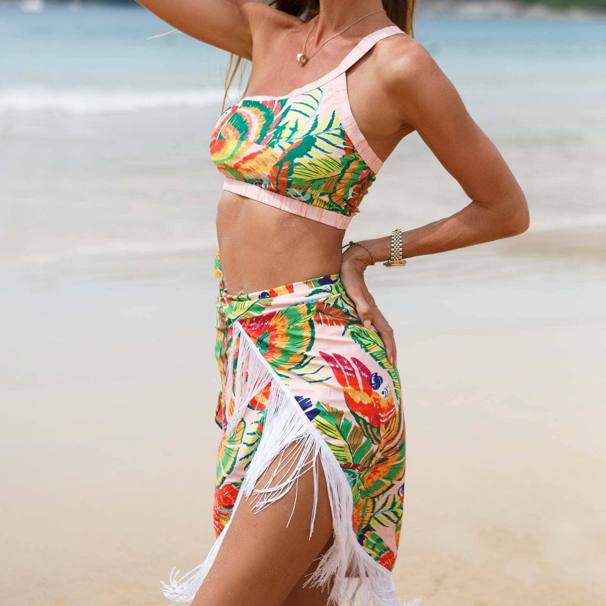 Floral and Bird Print 2PCS Bikini Set with Cover