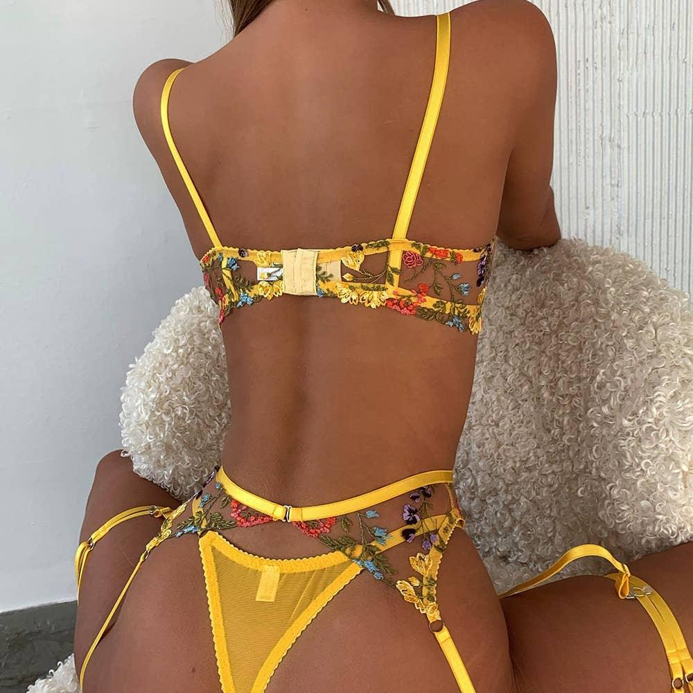 Floral Embroidery Bra & Garter Belt Set