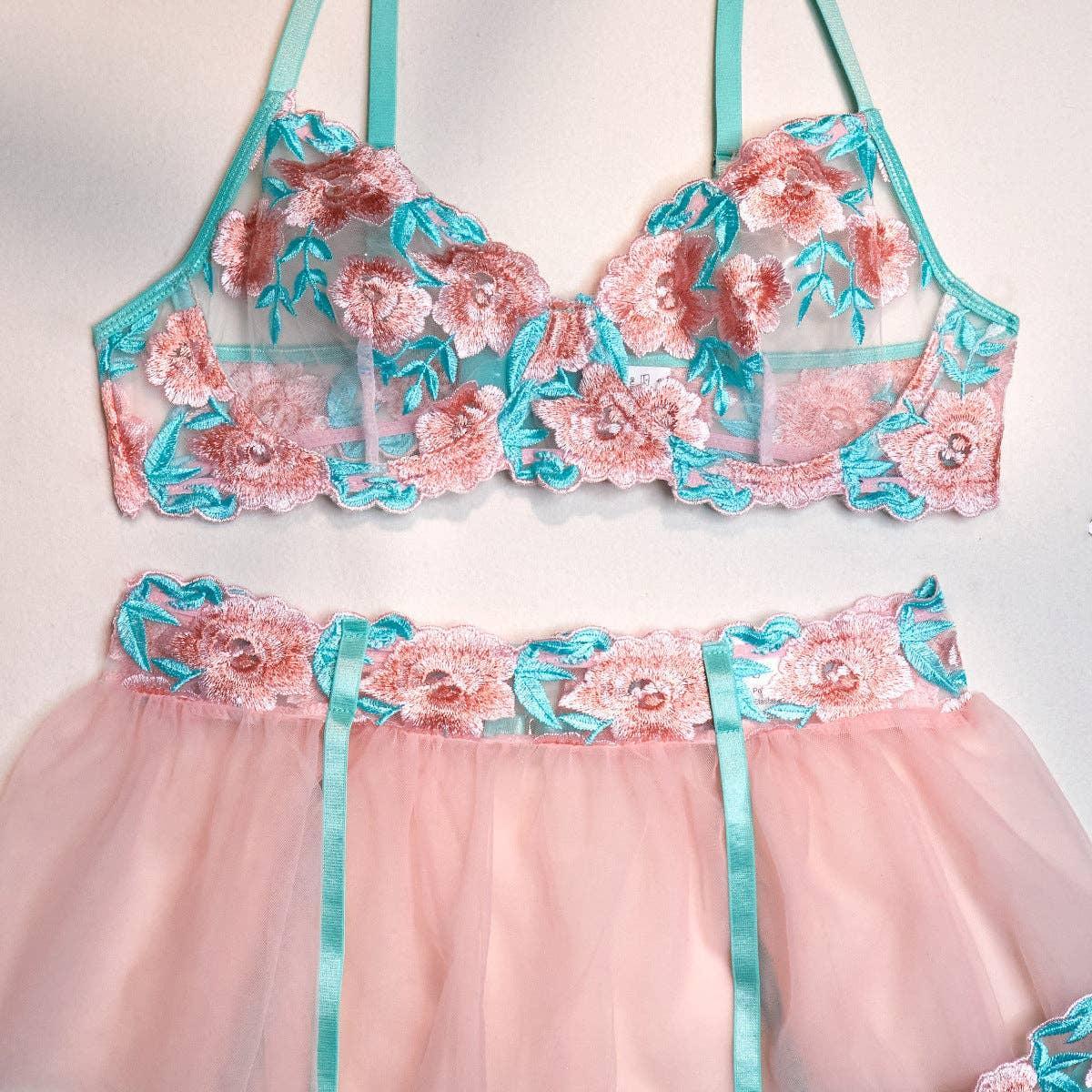 Floral Embroidery Sexy Lingerie Set with Garter