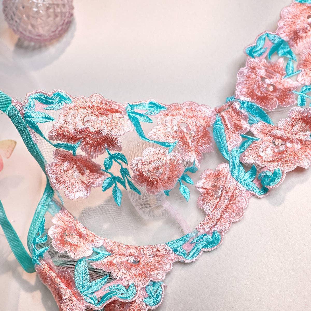 Floral Embroidery Sexy Lingerie Set with Garter