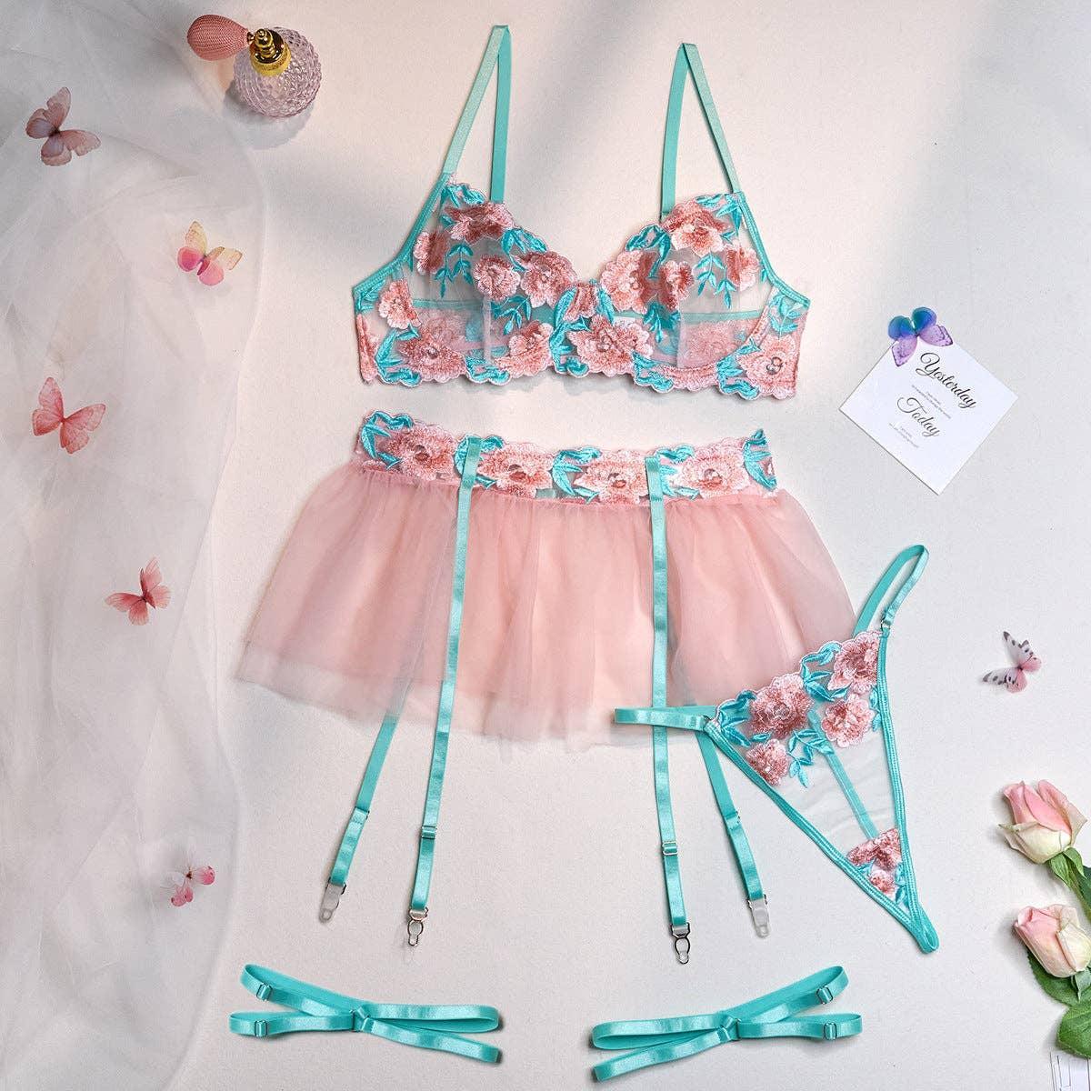 Floral Embroidery Sexy Lingerie Set with Garter