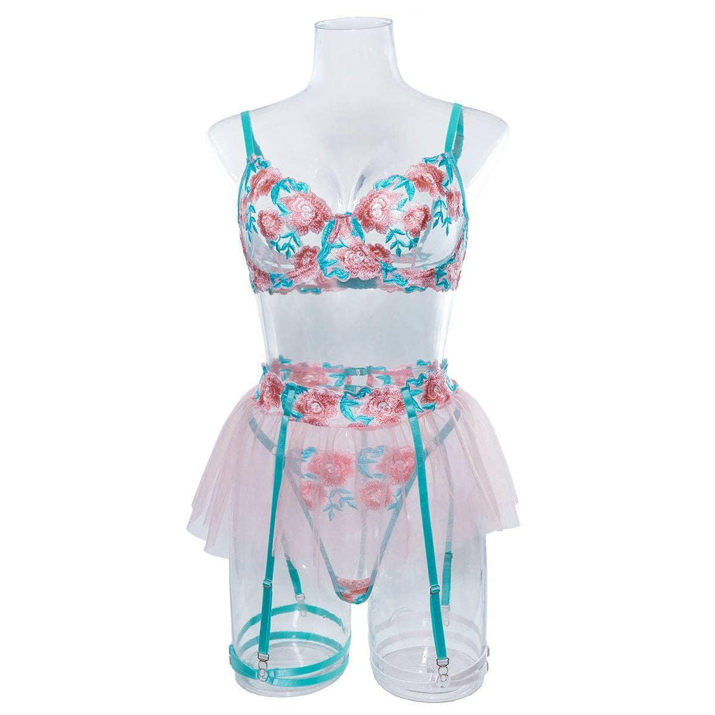 Floral Embroidery Sexy Lingerie Set with Garter