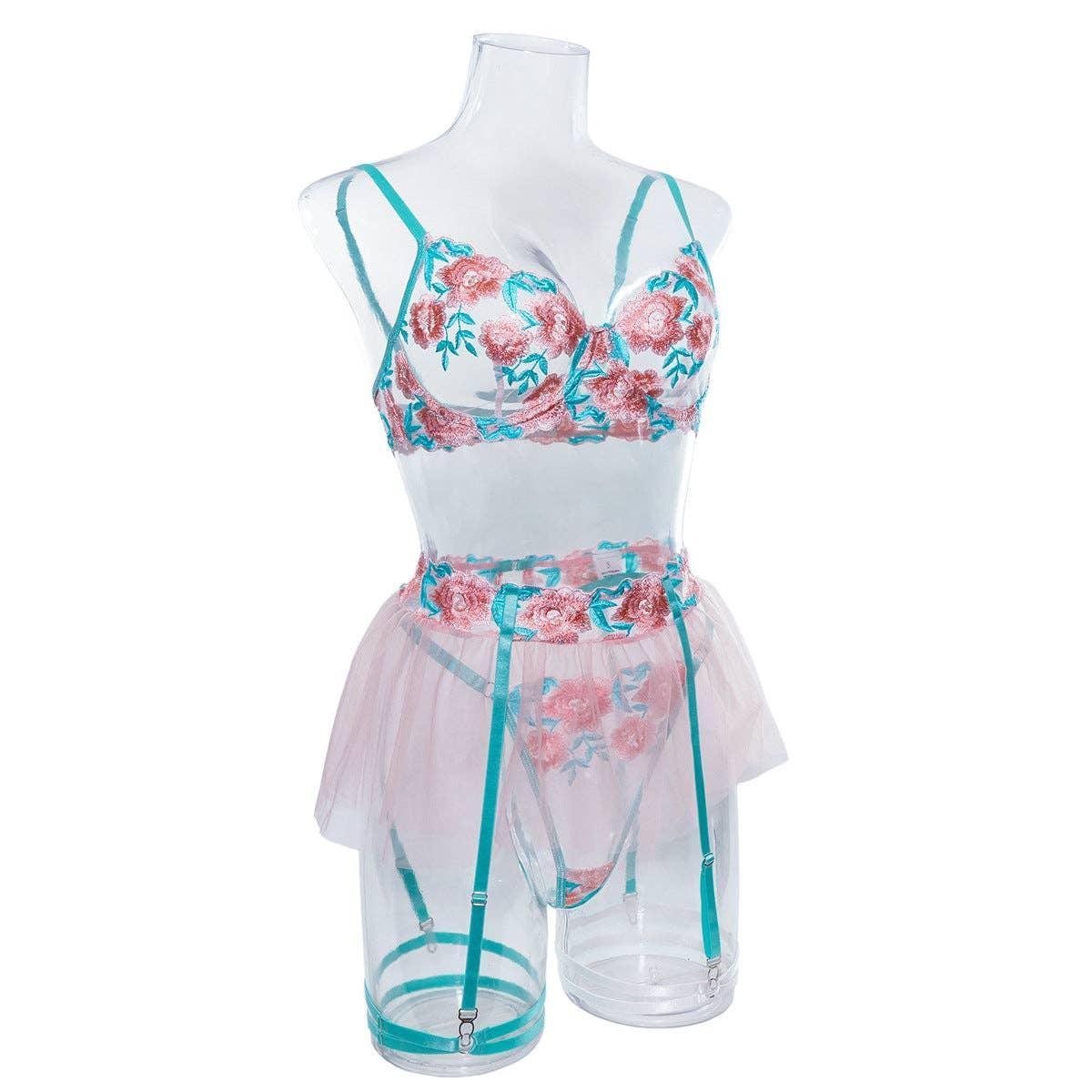 Floral Embroidery Sexy Lingerie Set with Garter