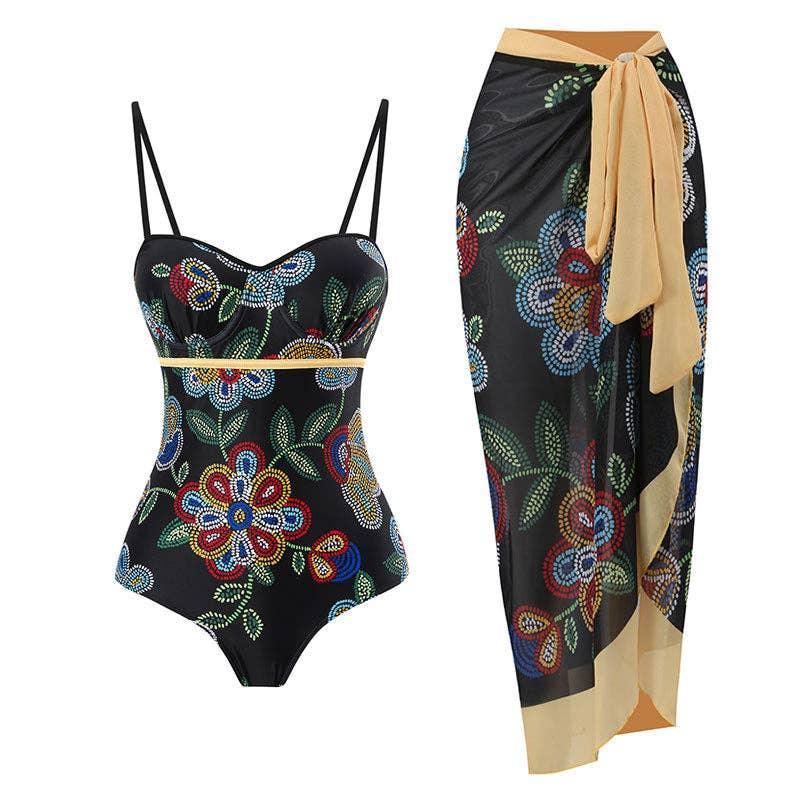 Floral Print Multicolor One Piece Swimwear with Cover