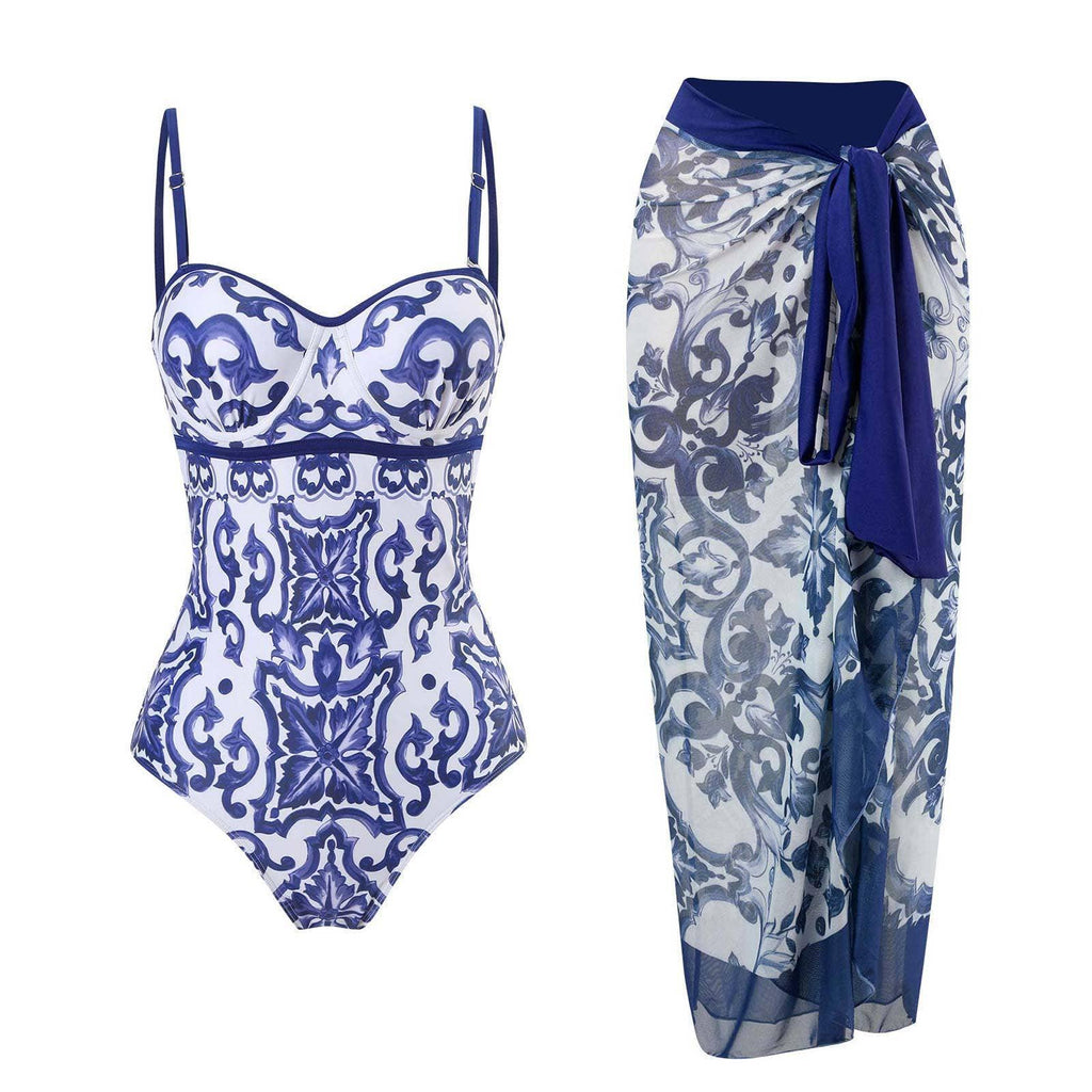 Floral Print Multicolor One Piece Swimwear with Cover