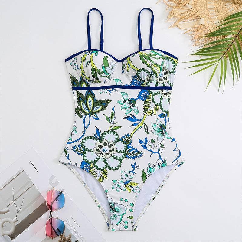 Floral Print Multicolor One Piece Swimwear with Cover