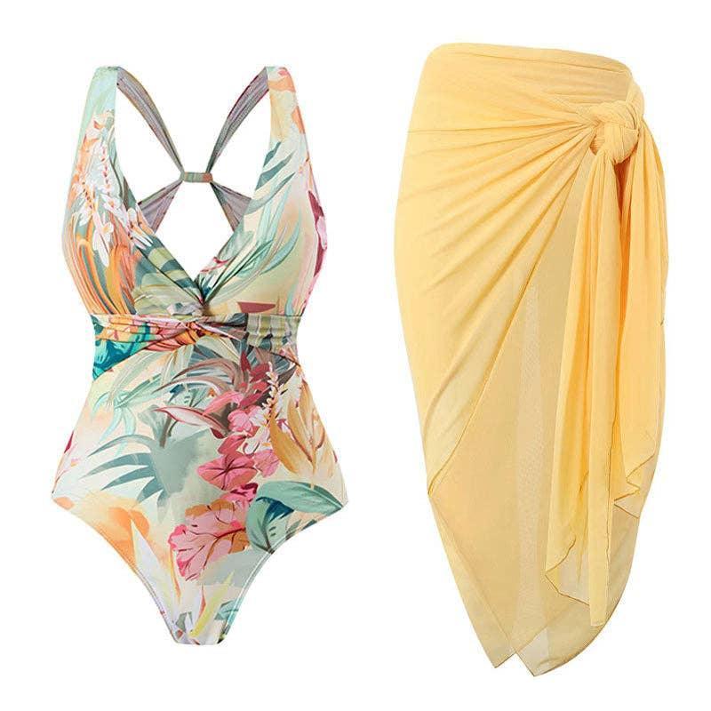 Floral Print One Piece Swimwear with Cover