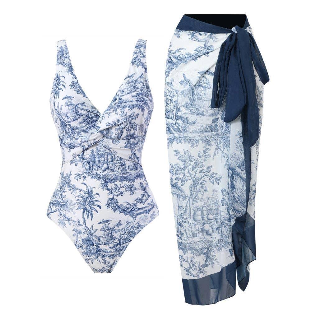 Floral Print One Piece Swimwear with Cover