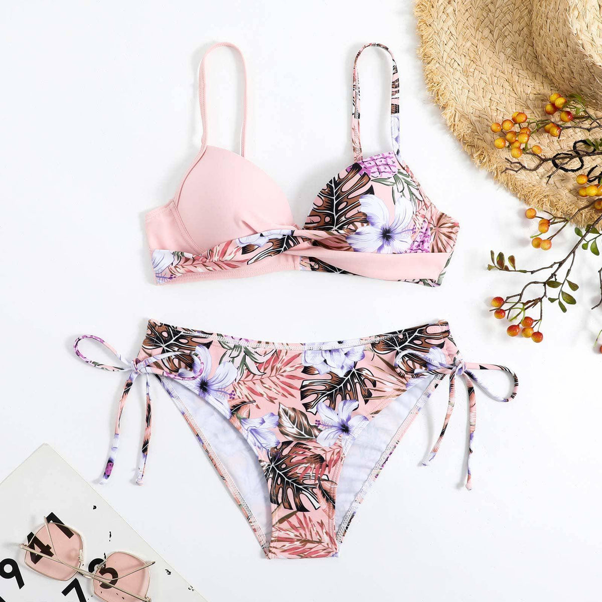 Floral Print String Tie Bottom 2PCS Bikini Set