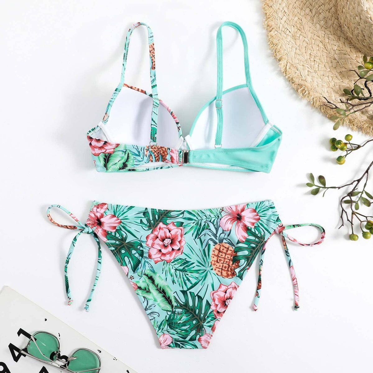 Floral Print String Tie Bottom 2PCS Bikini Set