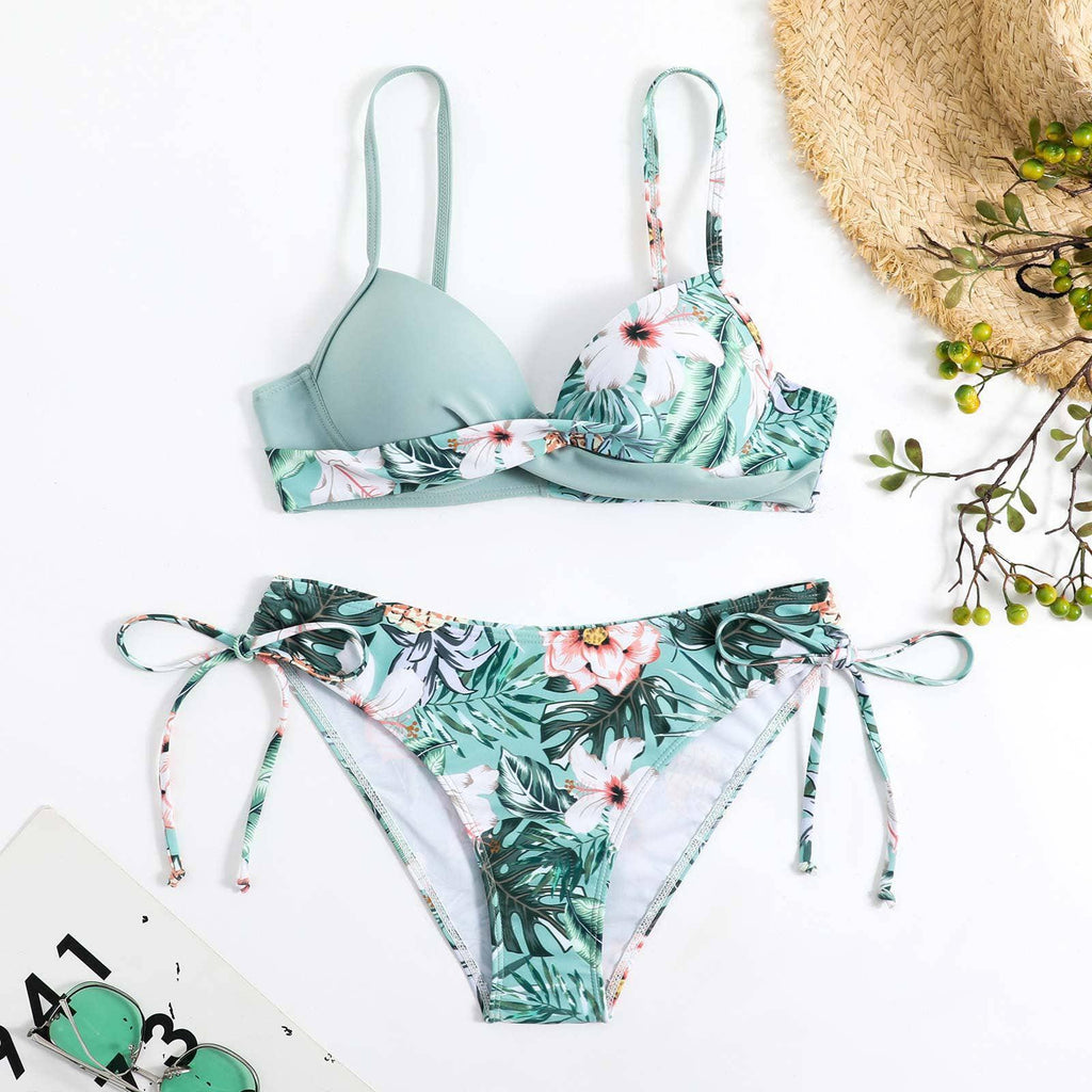 Floral Print String Tie Bottom 2PCS Bikini Set