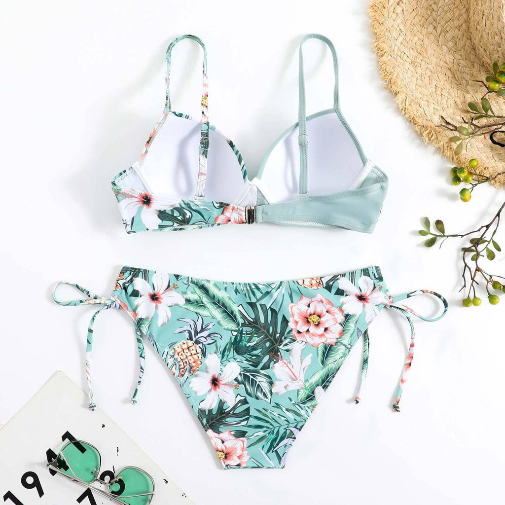Floral Print String Tie Bottom 2PCS Bikini Set