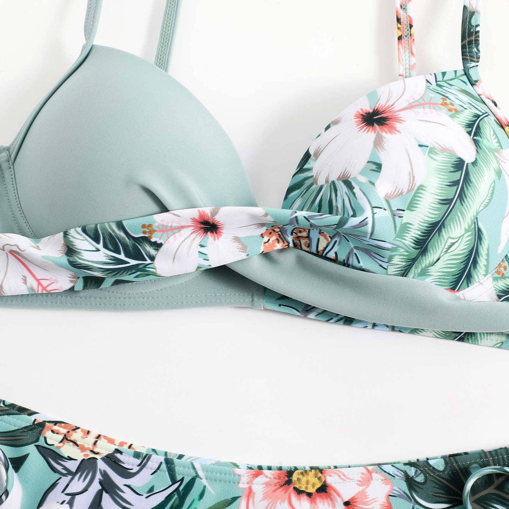 Floral Print String Tie Bottom 2PCS Bikini Set