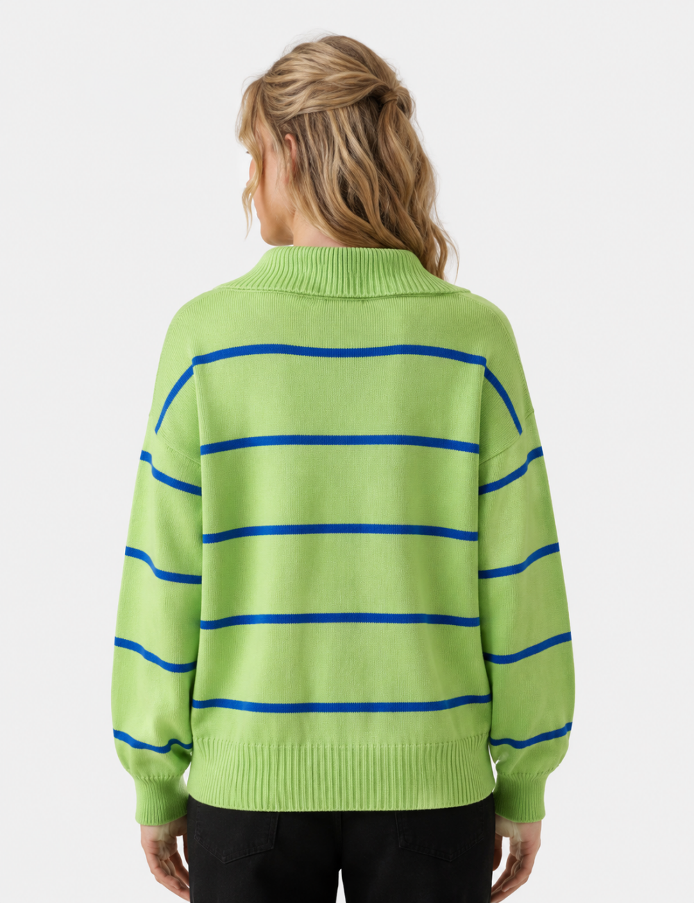 Ladies Horizontal Stripe Half Zip Collar Knit Sweater