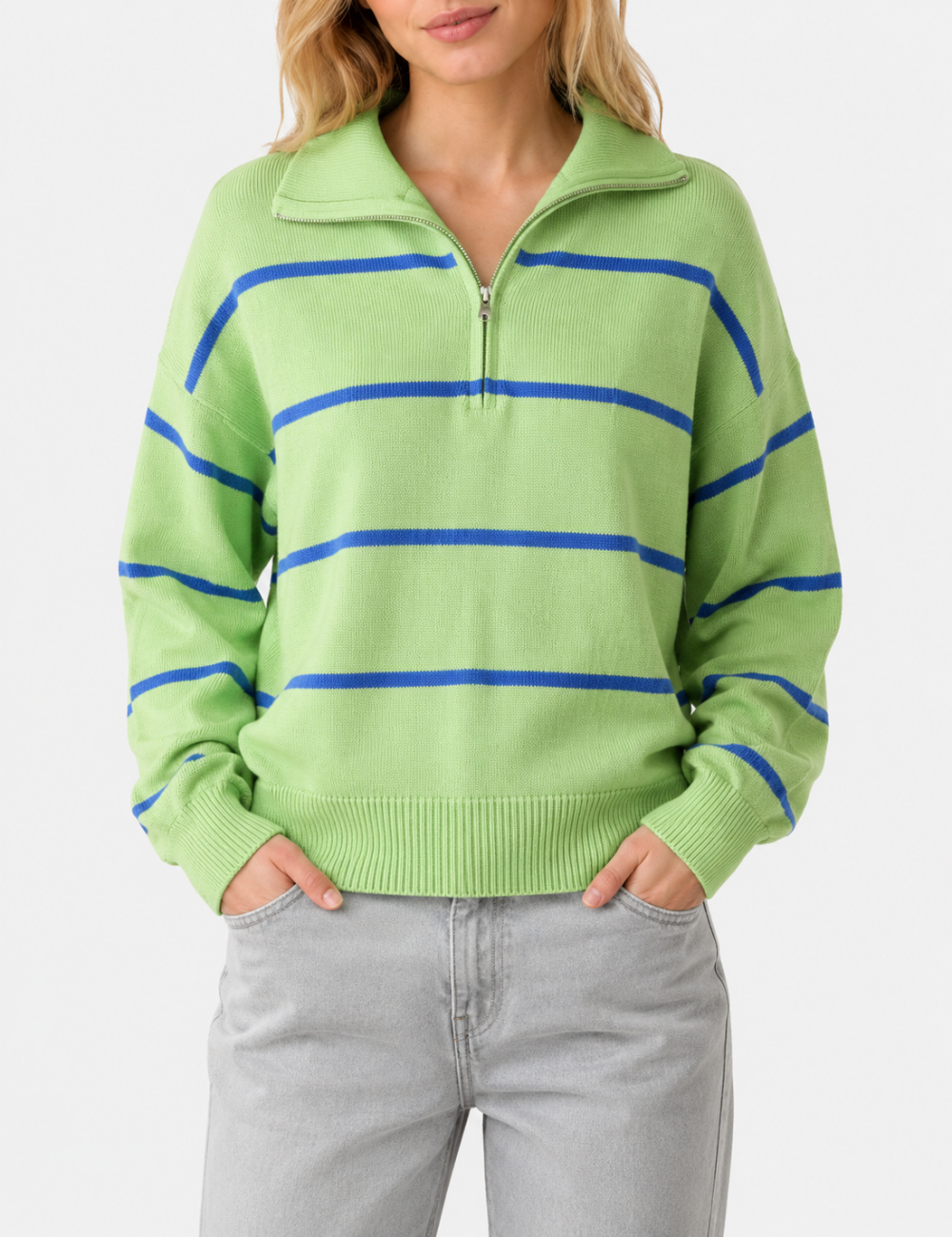 Ladies Horizontal Stripe Half Zip Collar Knit Sweater