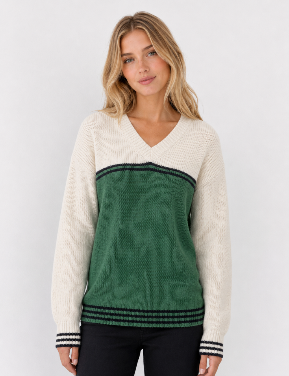 Ladies Long Drop Shoulder Sleeves V Neck Sweater