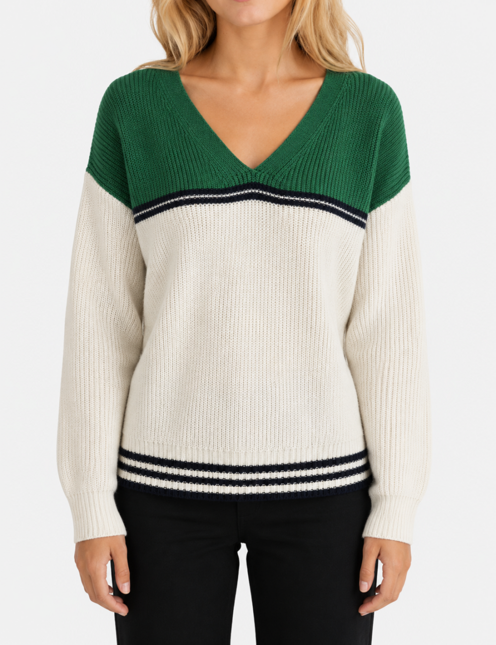 Ladies Long Drop Shoulder Sleeves V Neck Sweater