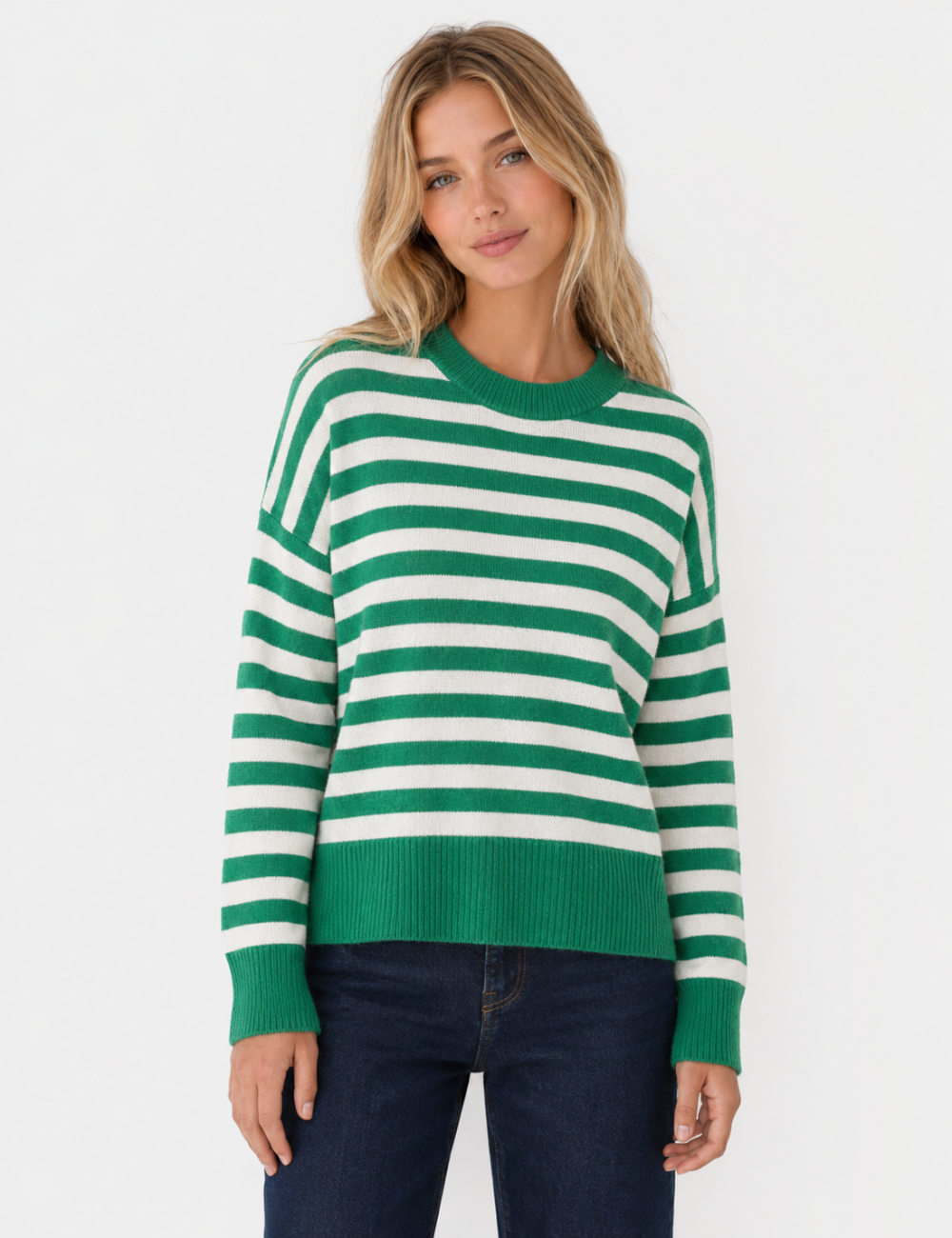 Ladies Horizontal Stripe Crew Neck Drop Shoulder Knit Sweater