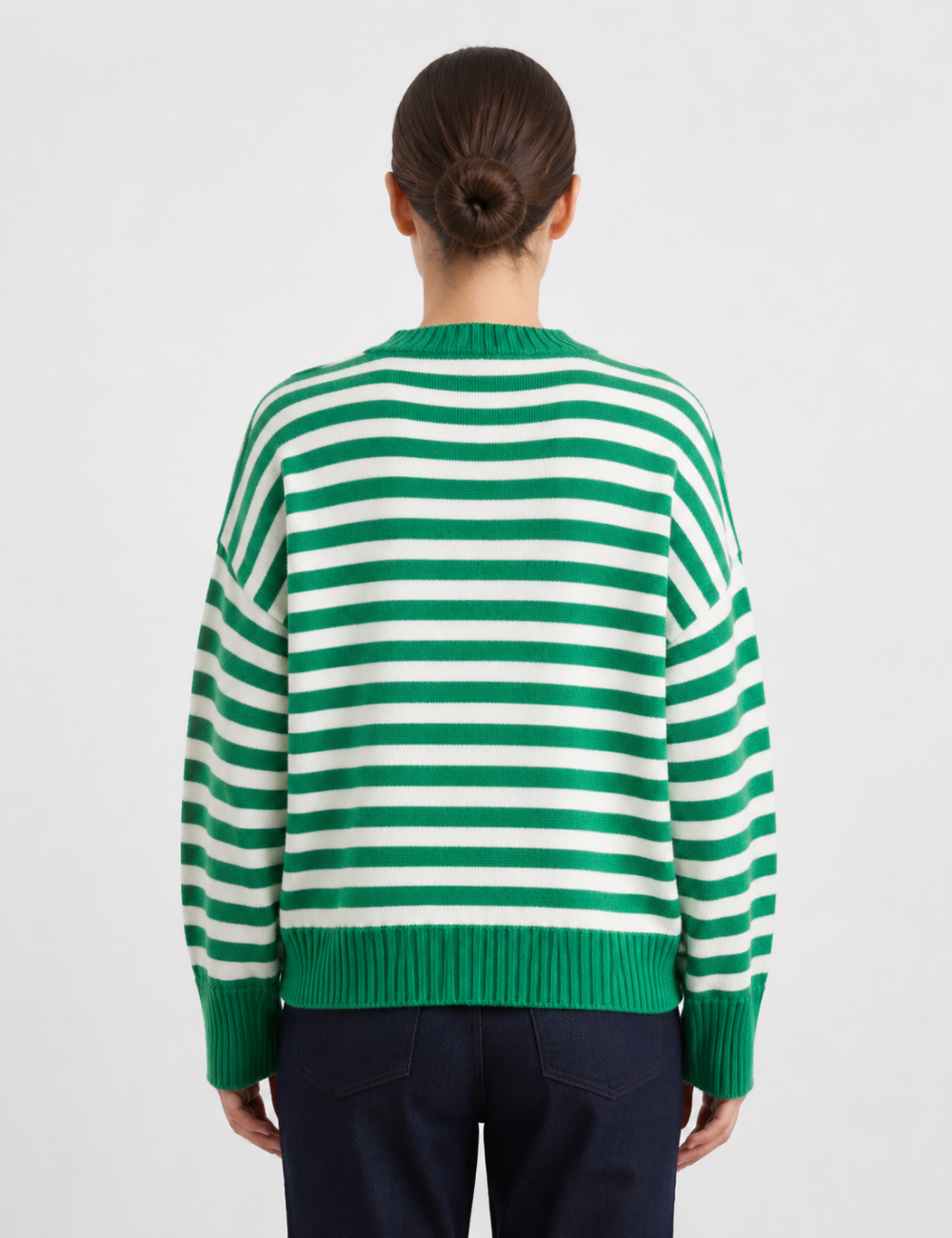 Ladies Horizontal Stripe Crew Neck Drop Shoulder Knit Sweater
