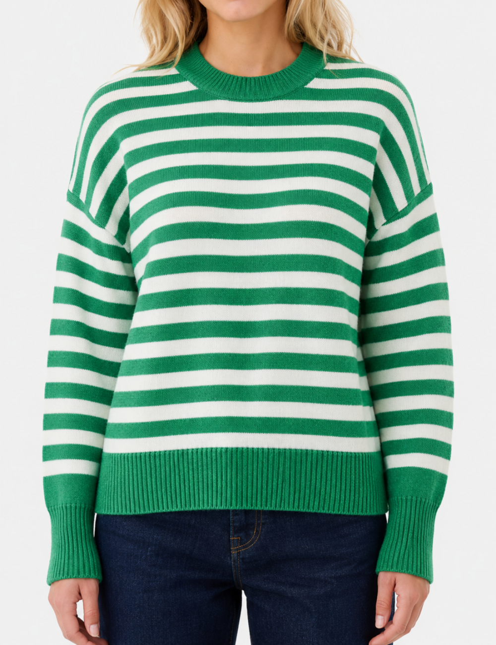 Ladies Horizontal Stripe Crew Neck Drop Shoulder Knit Sweater
