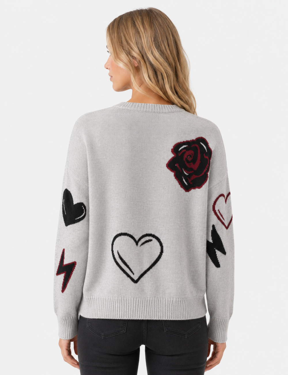 Ladies Heart Music Note Jacquard Crew Neck Knit Sweater