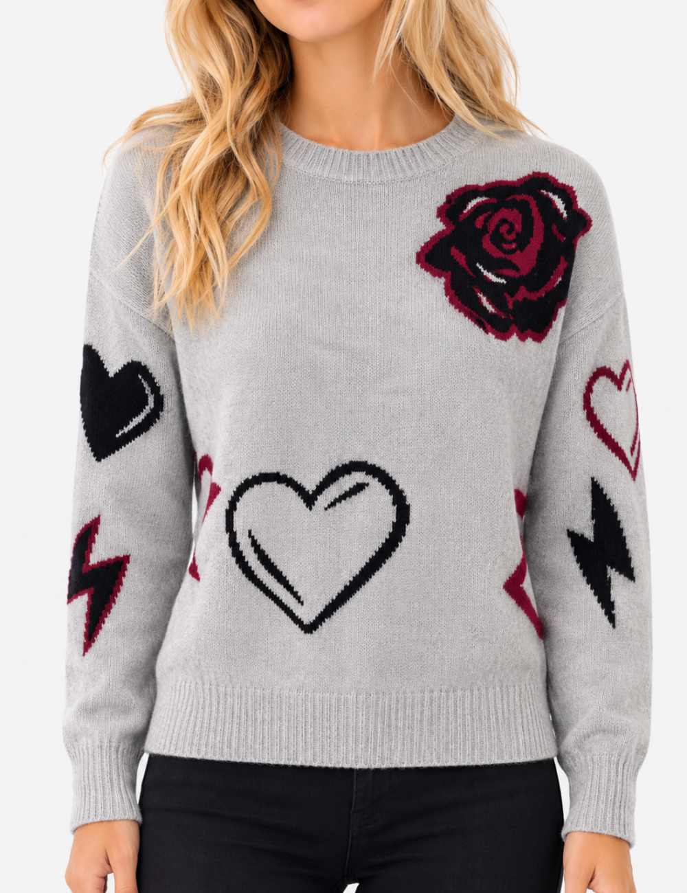 Ladies Heart Music Note Jacquard Crew Neck Knit Sweater