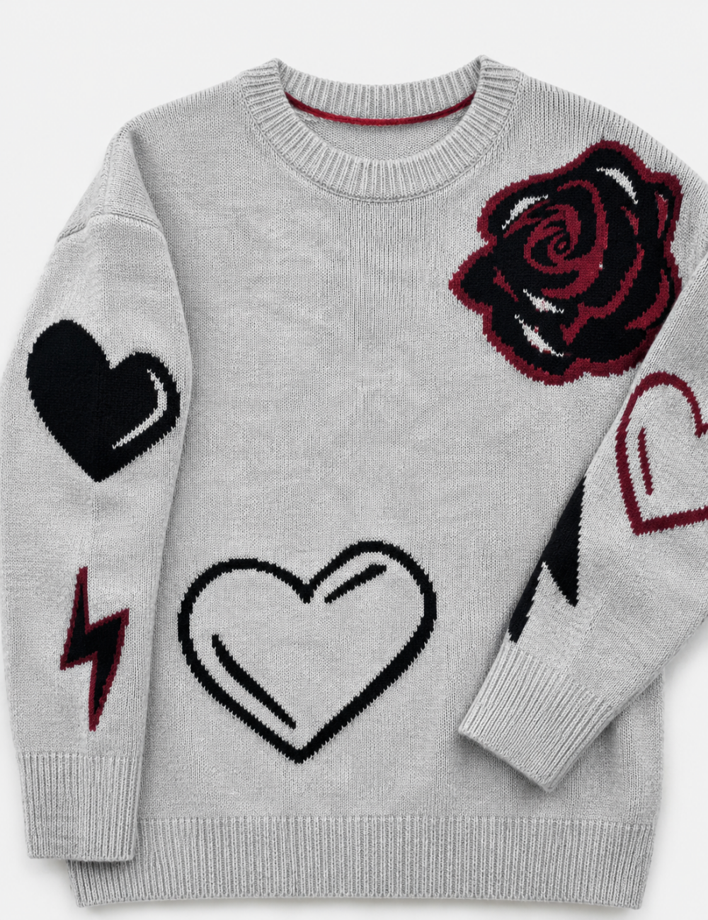 Ladies Heart Music Note Jacquard Crew Neck Knit Sweater