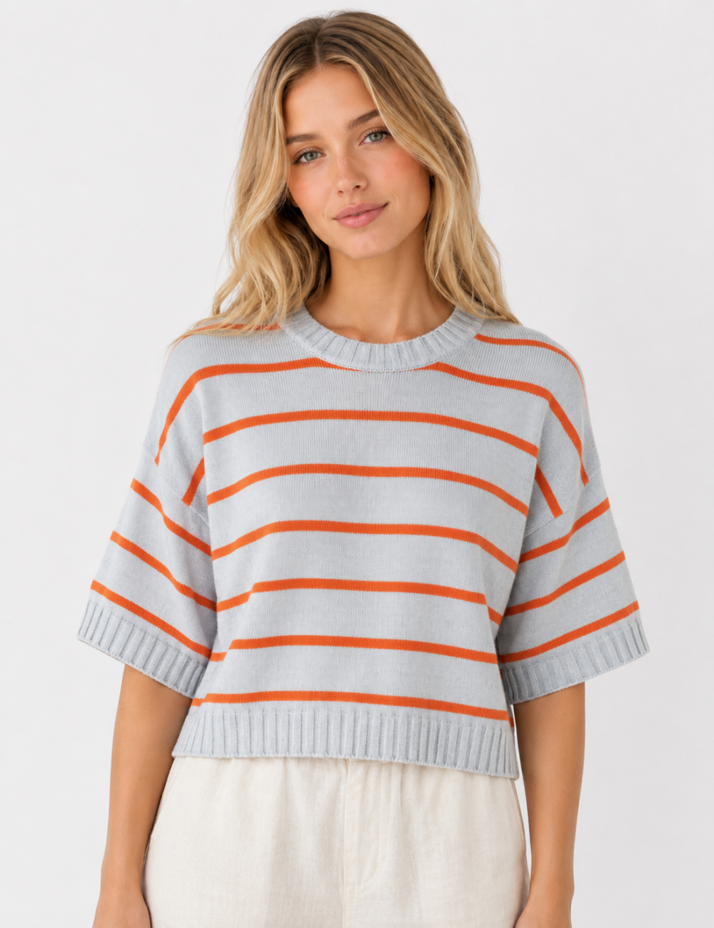 Ladies Horizontal Stripes Crew Neck Short Sleeve Knit Top