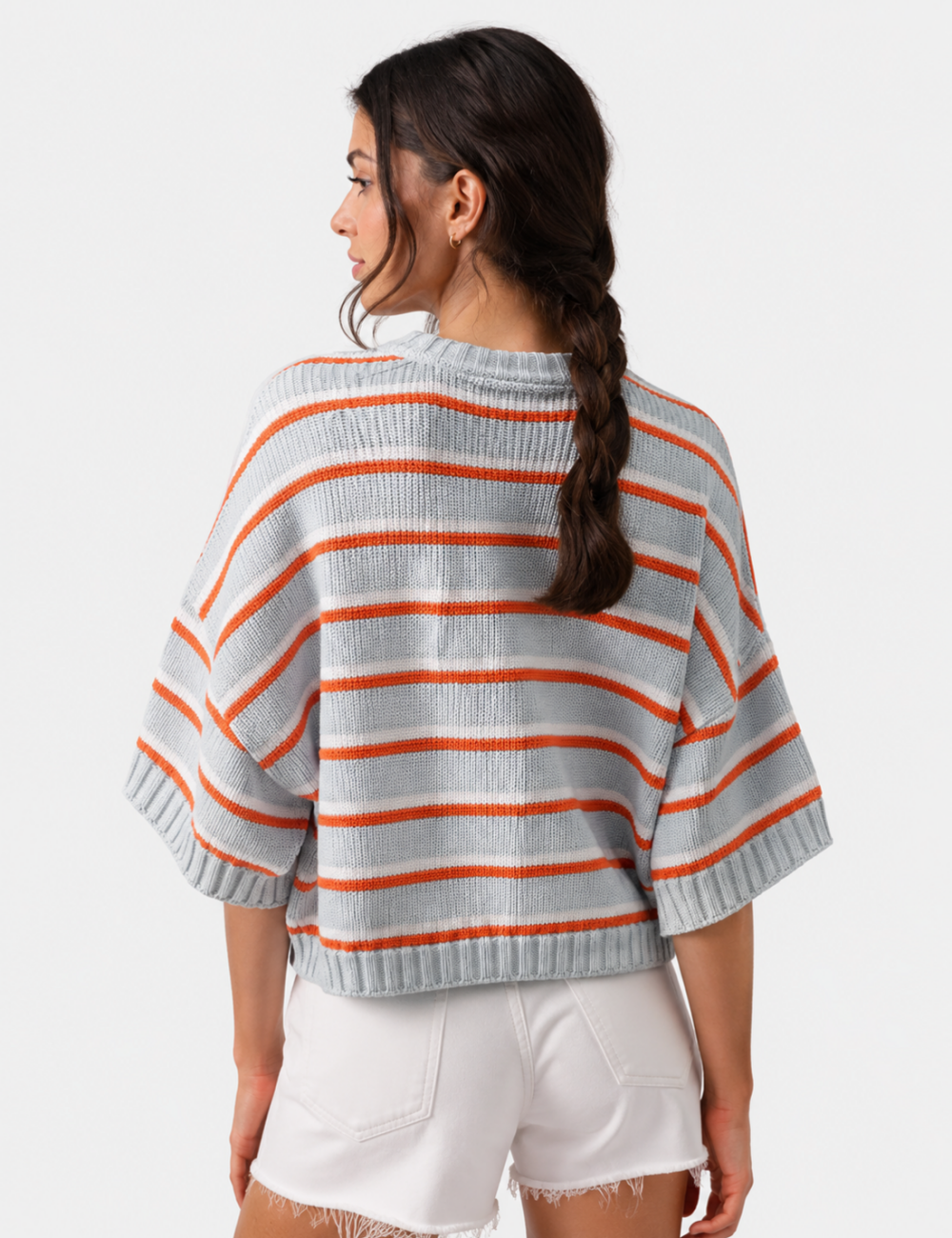 Ladies Horizontal Stripes Crew Neck Short Sleeve Knit Top