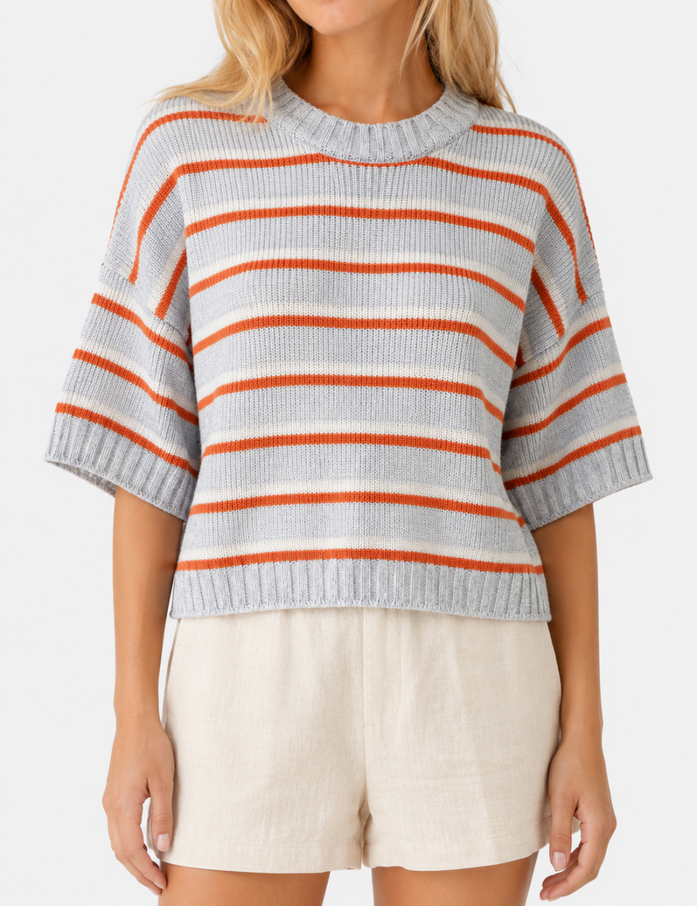 Ladies Horizontal Stripes Crew Neck Short Sleeve Knit Top