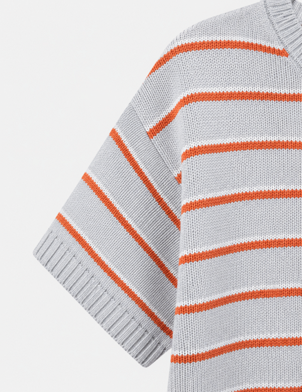 Ladies Horizontal Stripes Crew Neck Short Sleeve Knit Top