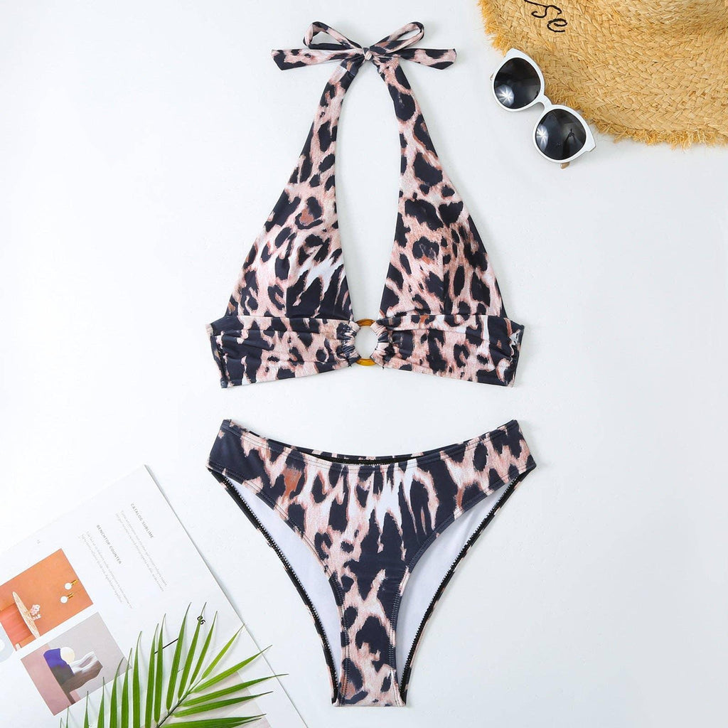 Halter Leopard Print 2PCS Bikini Set with Cover