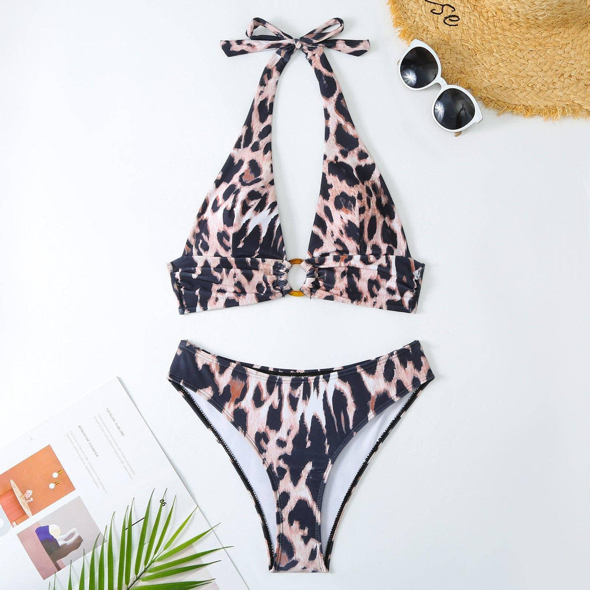 Halter Leopard Print 2PCS Bikini Set with Cover