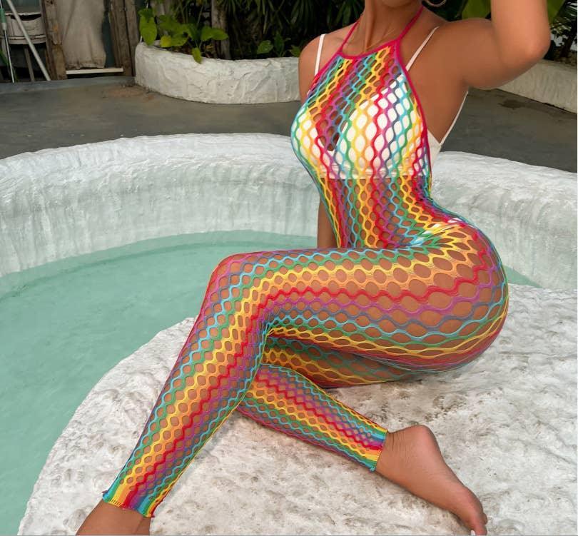 Halter Rainbow Color Fishnet See Through Bodysuit