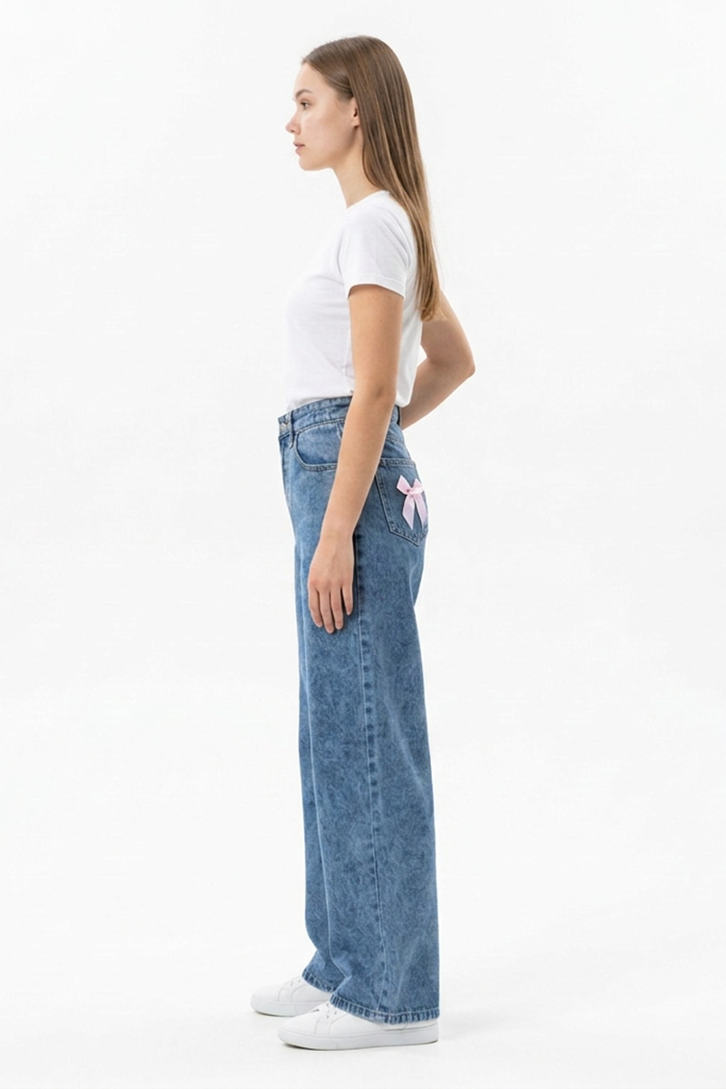Women's High Waist Back Bow Detail Wide Leg Jeans