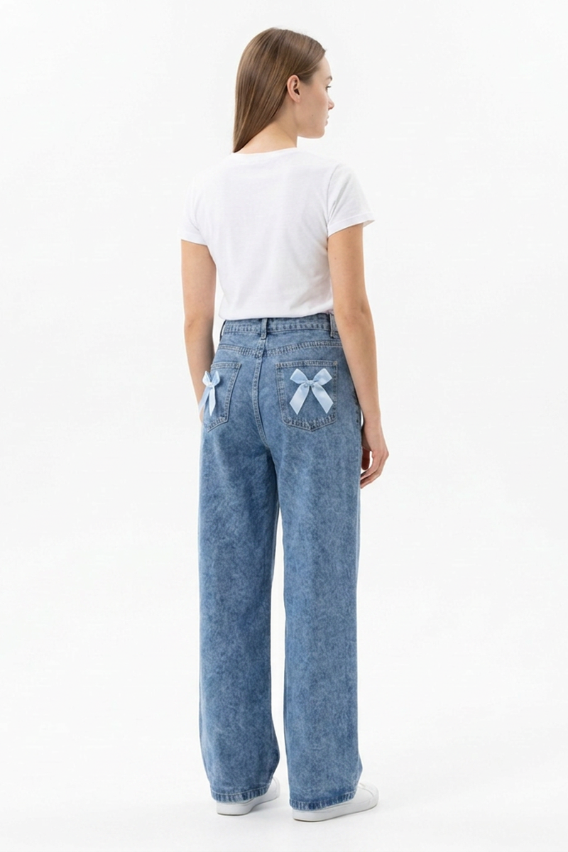 Women's High Waist Back Bow Detail Wide Leg Jeans