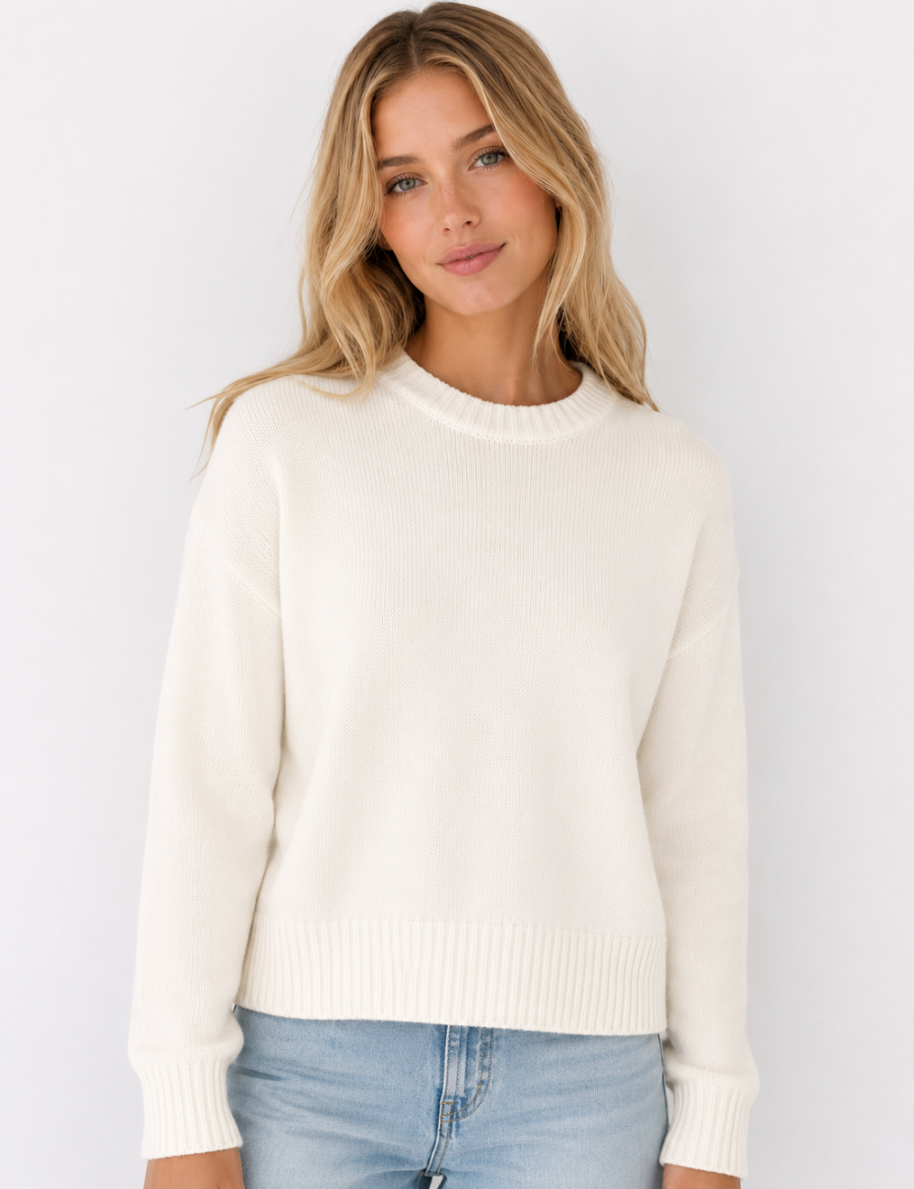 Ladies Crew Neck Cropped Knit Sweater