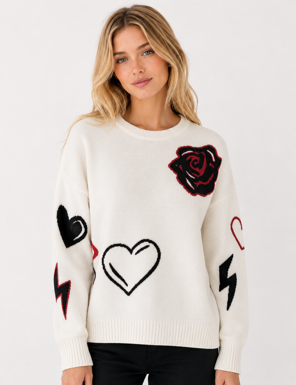 Ladies Heart Music Note Jacquard Crew Neck Knit Sweater