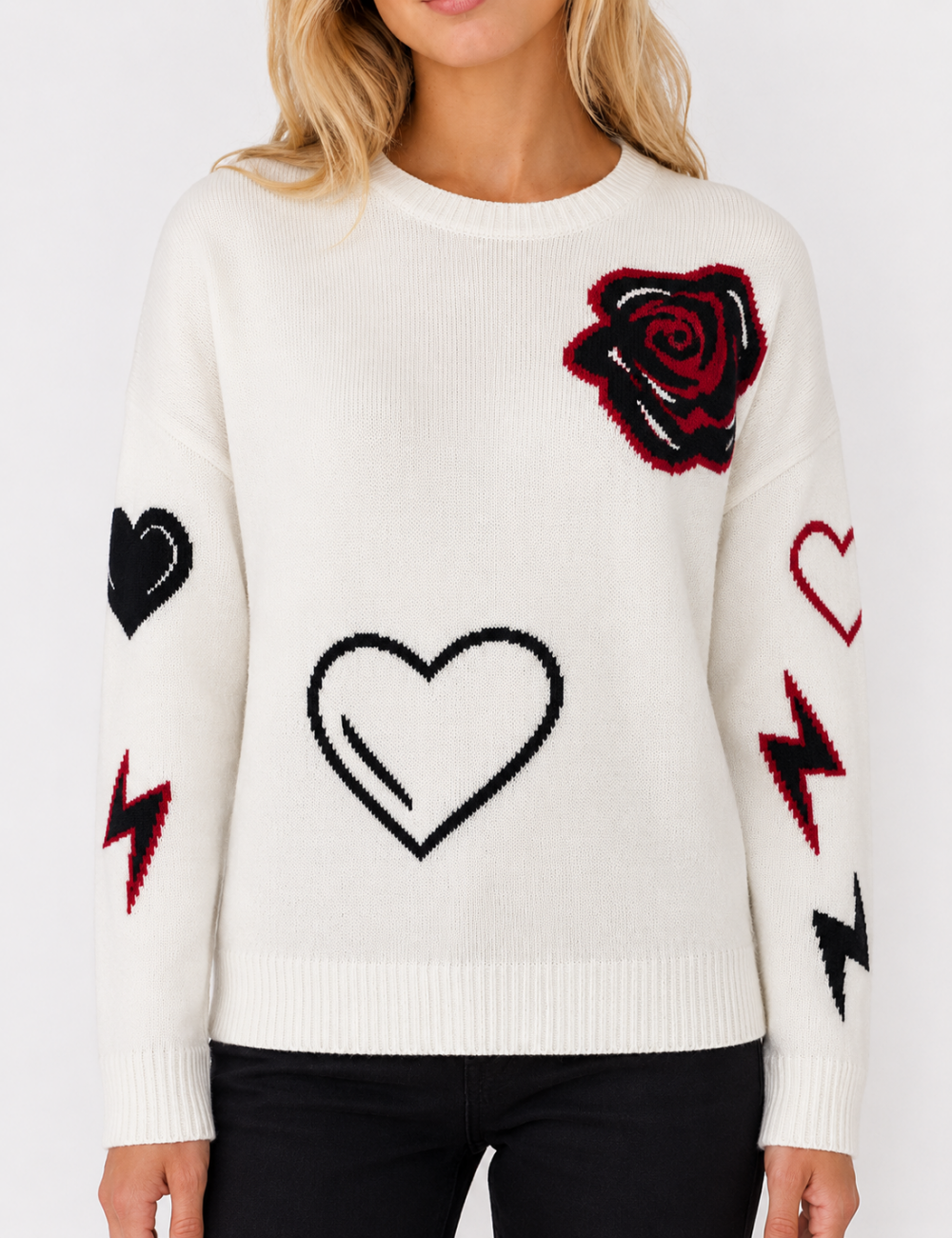 Ladies Heart Music Note Jacquard Crew Neck Knit Sweater